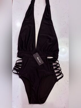 NWT Aqua Eve Black Strappy One-Piece Swimsuit